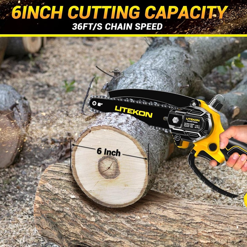 LITEKON Mini Chainsaw with 1000 Watt High Power Motor, 36 FT/S Cordless Power Chainsaw with Auto-Oil System, 2025 Upgraded 6Inch 20V Electric Chain Saw with 2x2000mAh Battery & Quick Charger, 3 Chains - Image 2